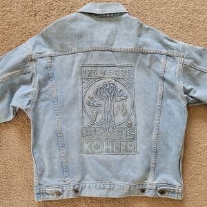 Vintage 90s Kohler Oil 125 Years Denim Trucker Blue Jean Jacket S Embossed